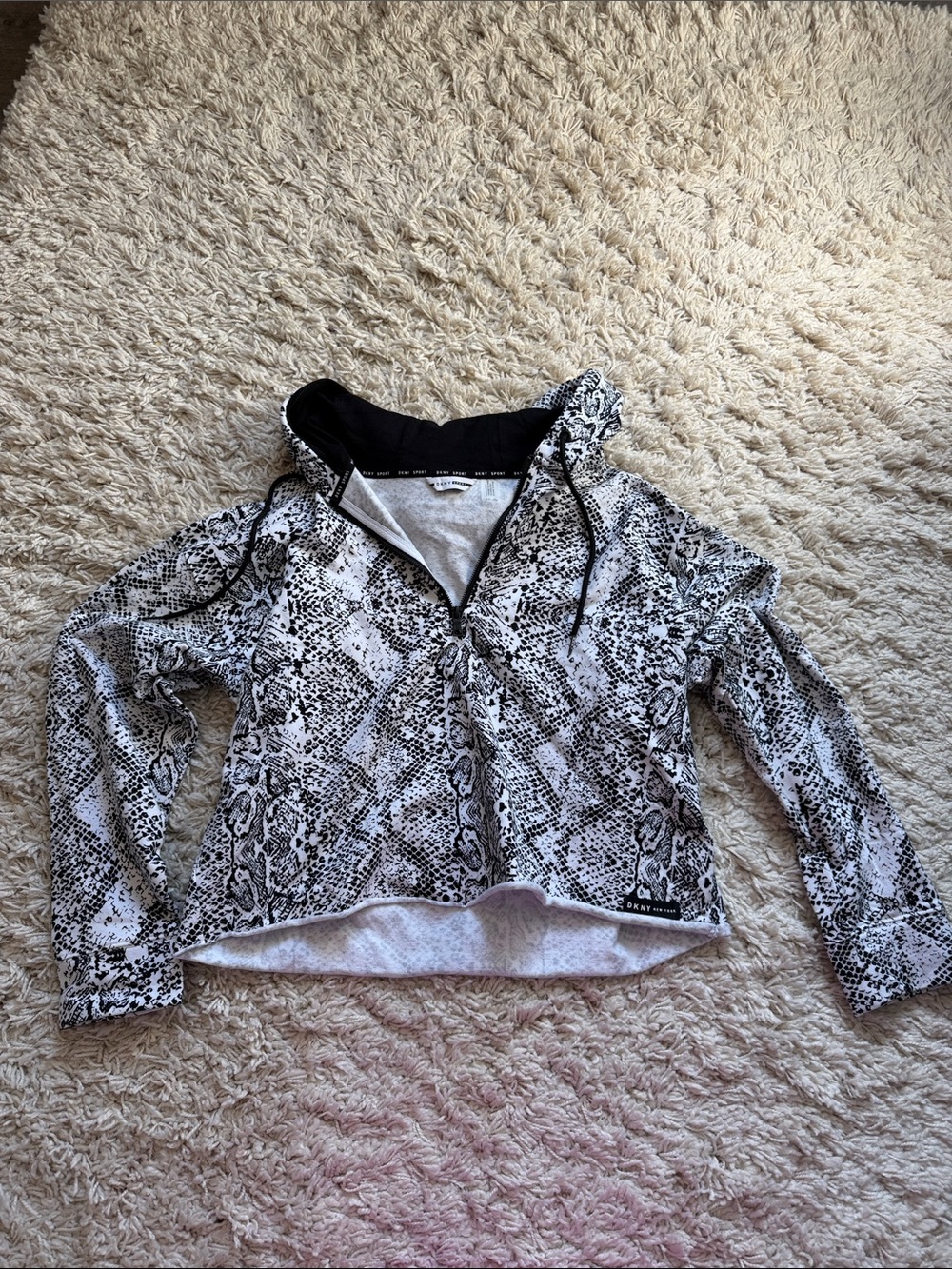 DKNY Black and White Snake-Print Hooded Bomber